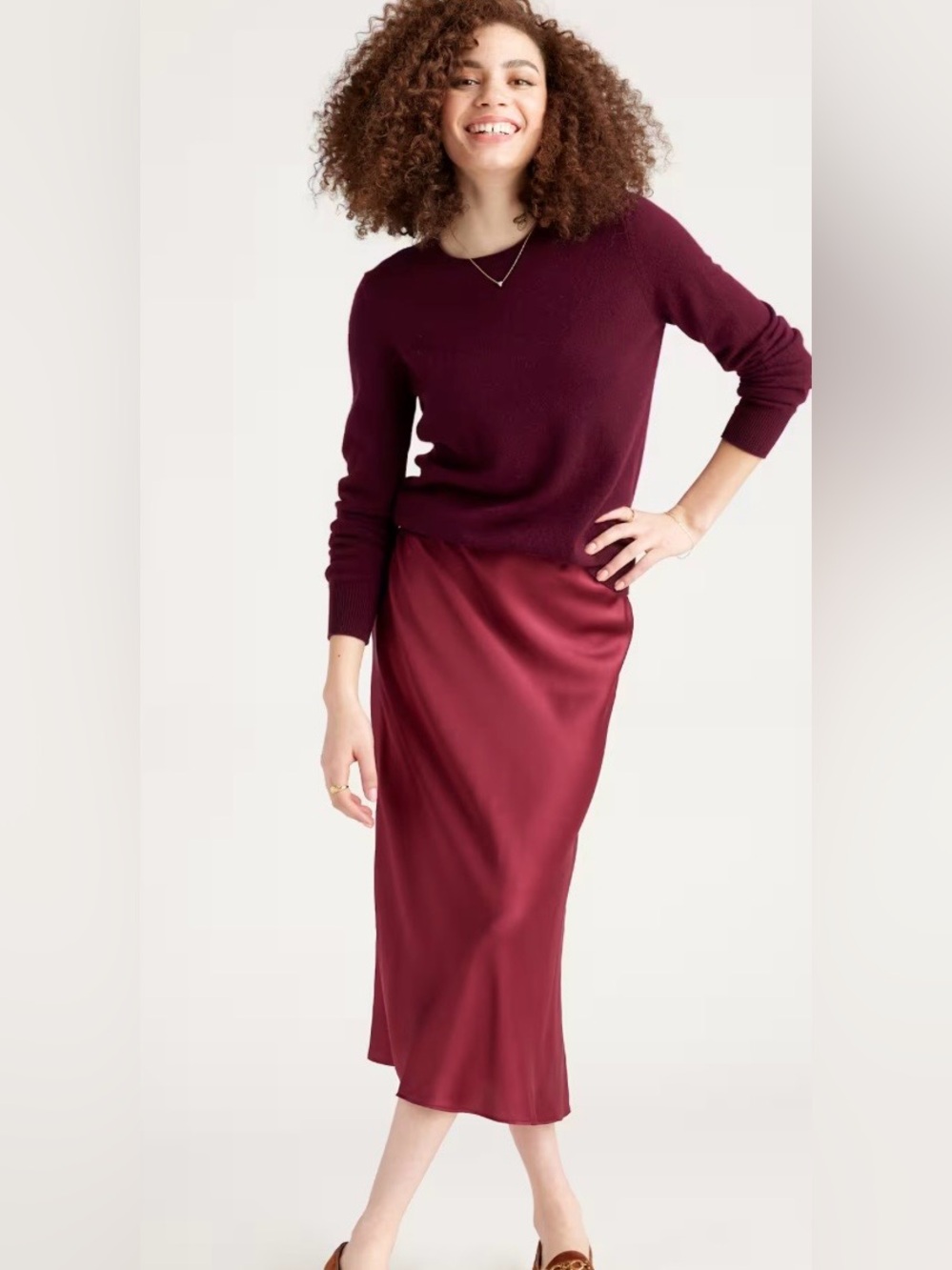 Quince 100% Washable Silk Midi Skirt Burgundy XS Bias Cut Satin